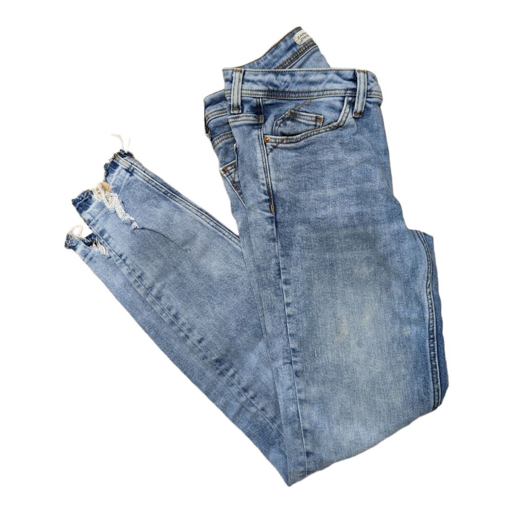 Zara Basic Size 2 Z1975 Denim Skinny Jeans Light Blue Washed Chewed Hem